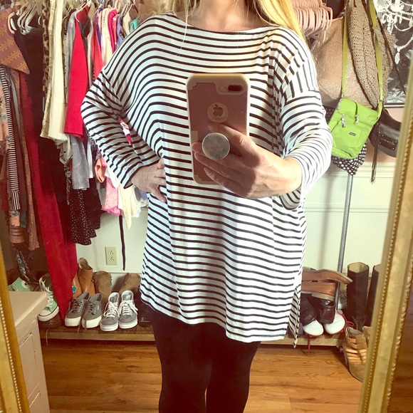 Emerald Tops - EMERALD Black and White Striped Tunic